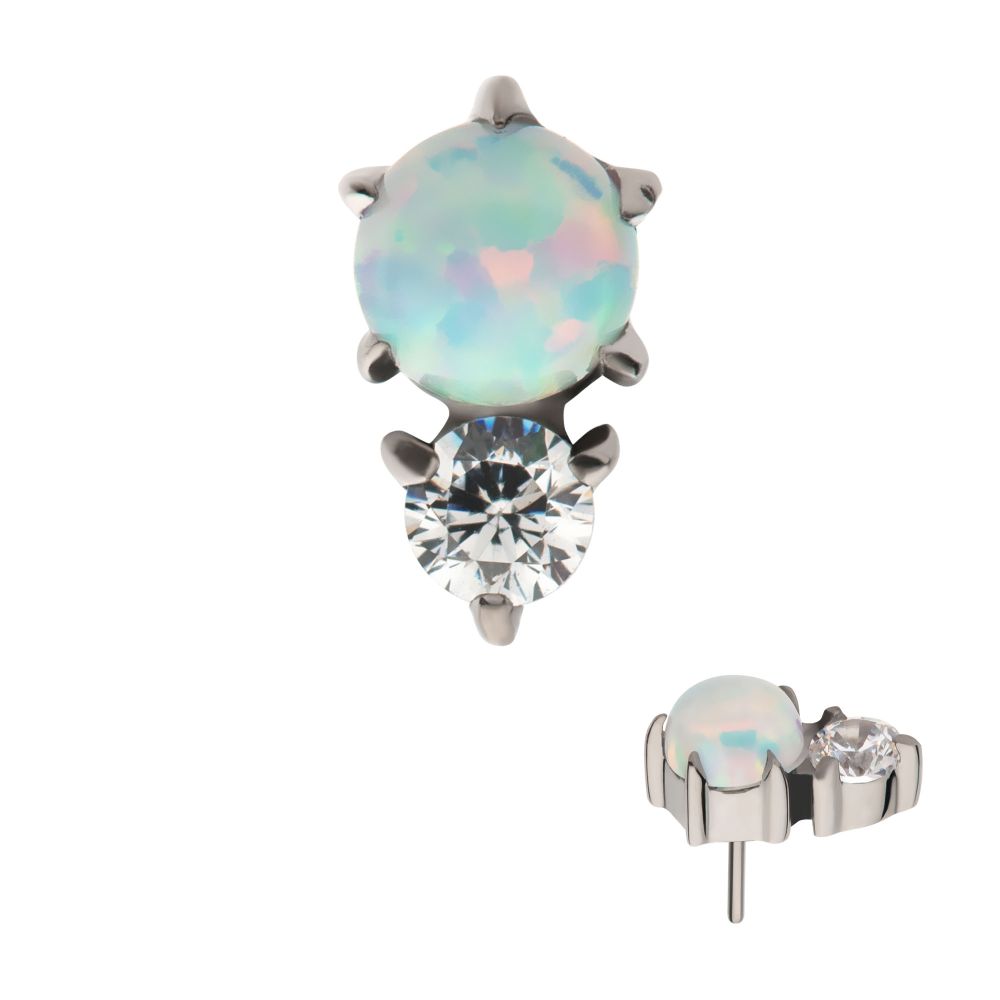 Titanium Threadless with Prong Set Round White Opal & Clear CZ Top