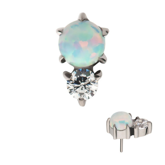 Titanium Threadless with Prong Set Round White Opal & Clear CZ Top