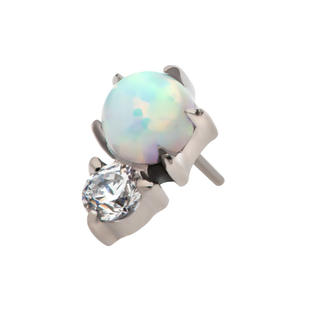 Titanium Threadless with Prong Set Round White Opal & Clear CZ Top