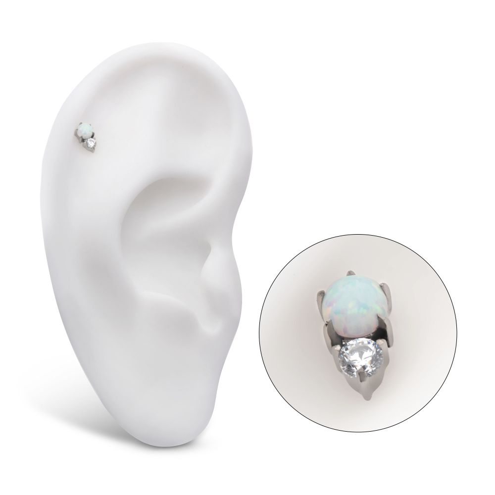 Titanium Threadless with Prong Set Round White Opal & Clear CZ Top