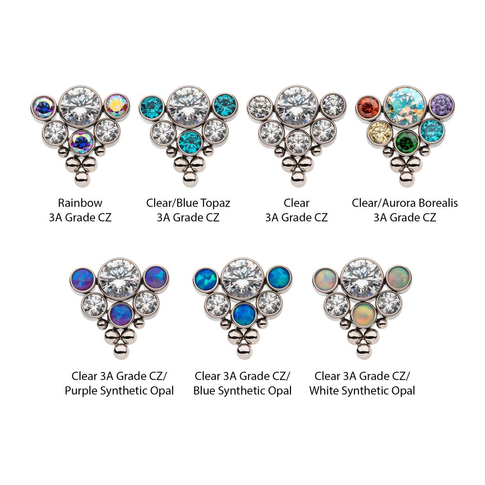 Titanium Threadless Tri-bead end with 4mm & 2.5mm Bezel Set AAA Clear CZ/Opal Cluster Top