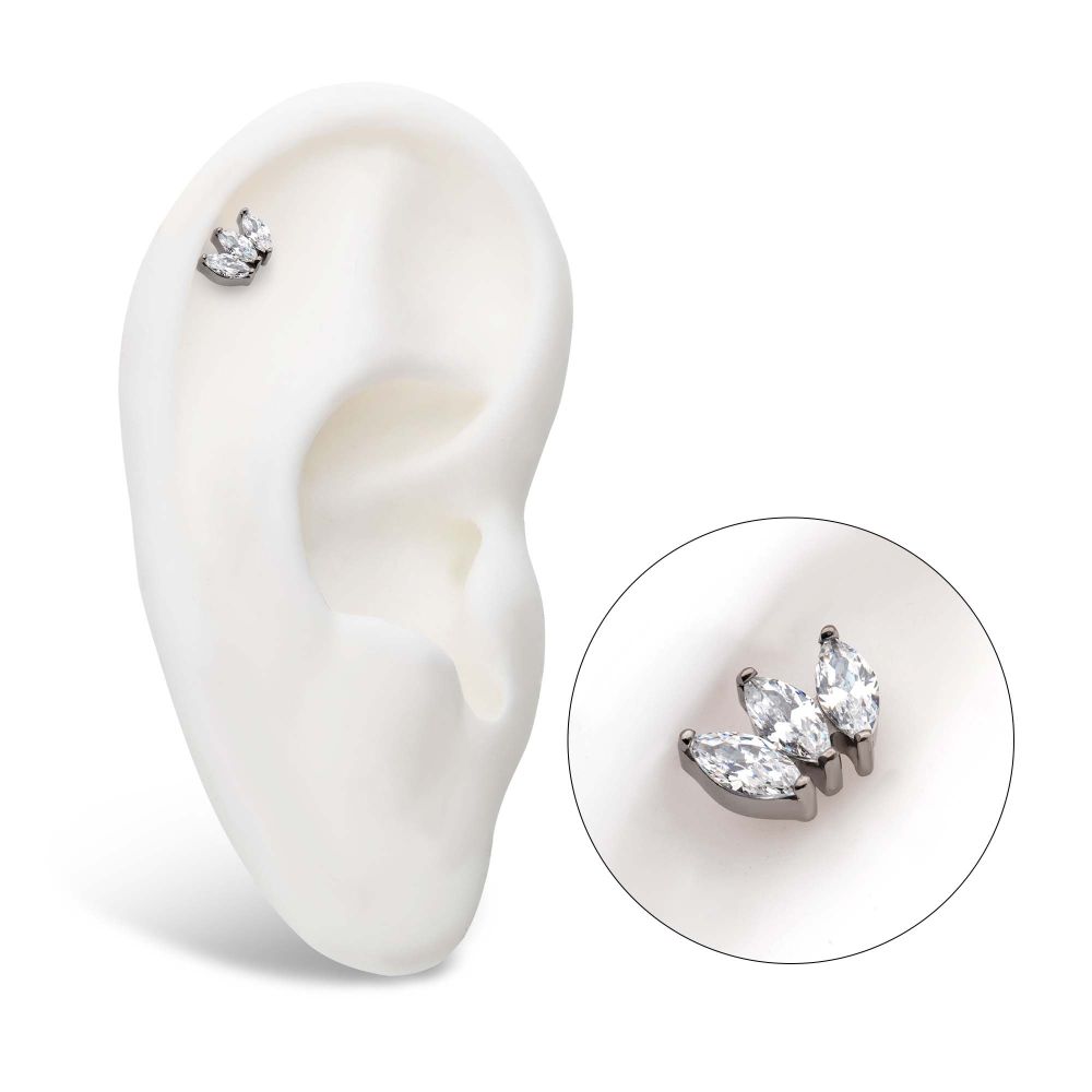 Titanium Threadless with Prong Set Marquise CZ 3-Cluster Top