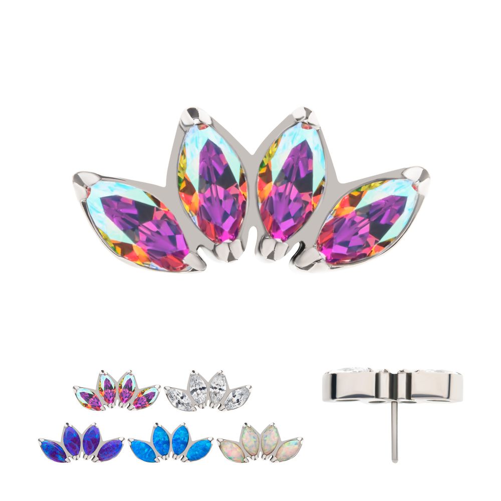 Titanium Threadless 4 Cluster Fan Shape Top with Prong Set Marquise CZ/Opal 