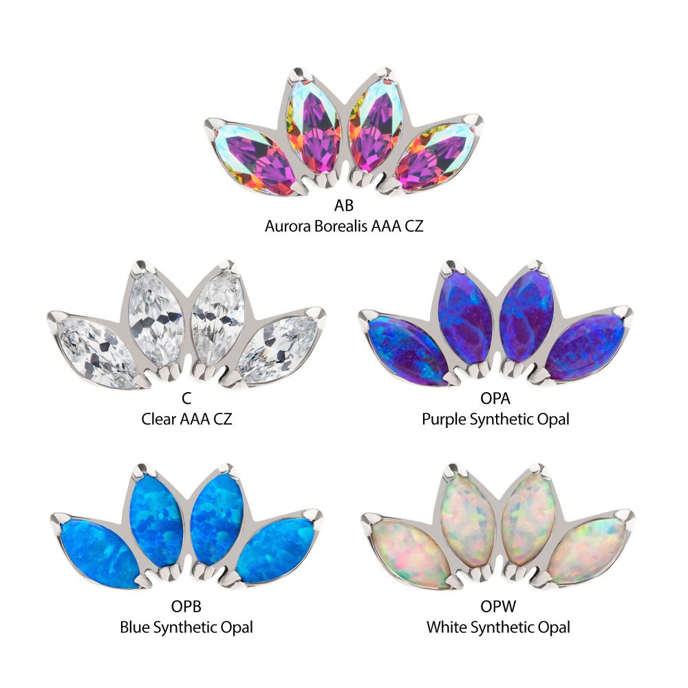Titanium Threadless 4 Cluster Fan Shape Top with Prong Set Marquise CZ/Opal 