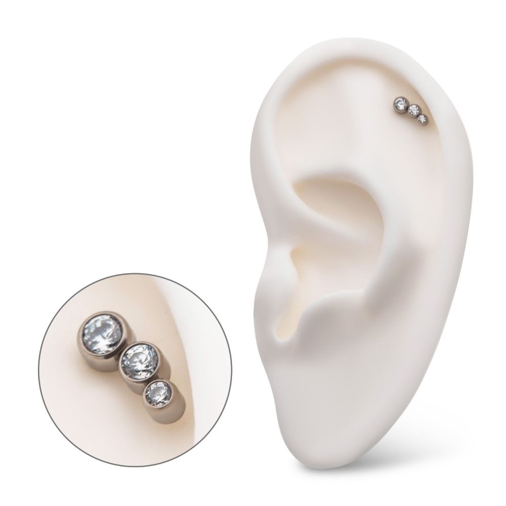 Titanium Threadless Bezel Set CZ/Opal Staggered 3-Cluster Top