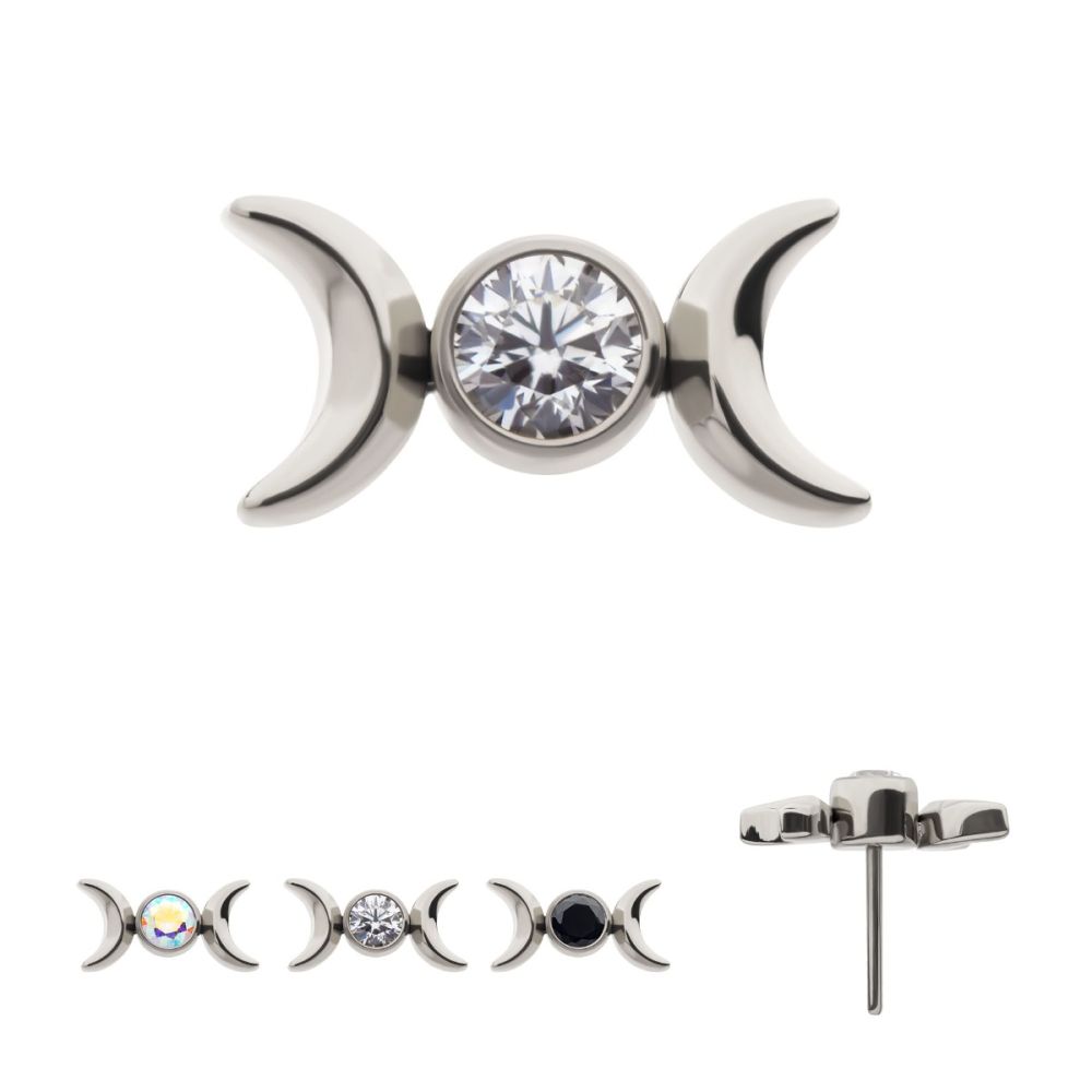 Titanium Threadless Bezel Set Round Gem Triple Moon Phase Top