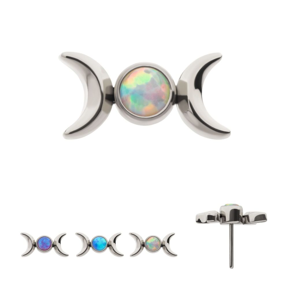 Titanium Threadless Bezel Set Round Opal Triple Moon Phase Top