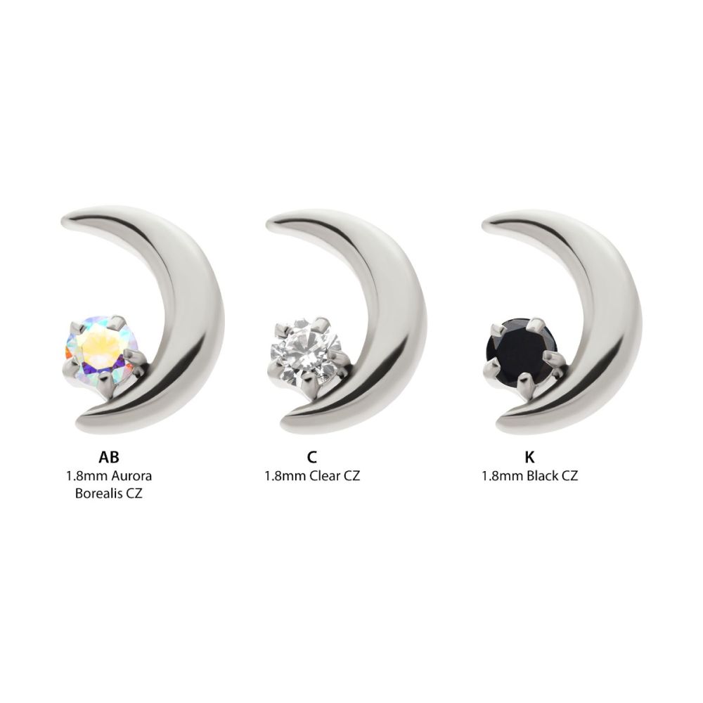 Titanium Threadless Crescent Moon with Prong Set CZ Top