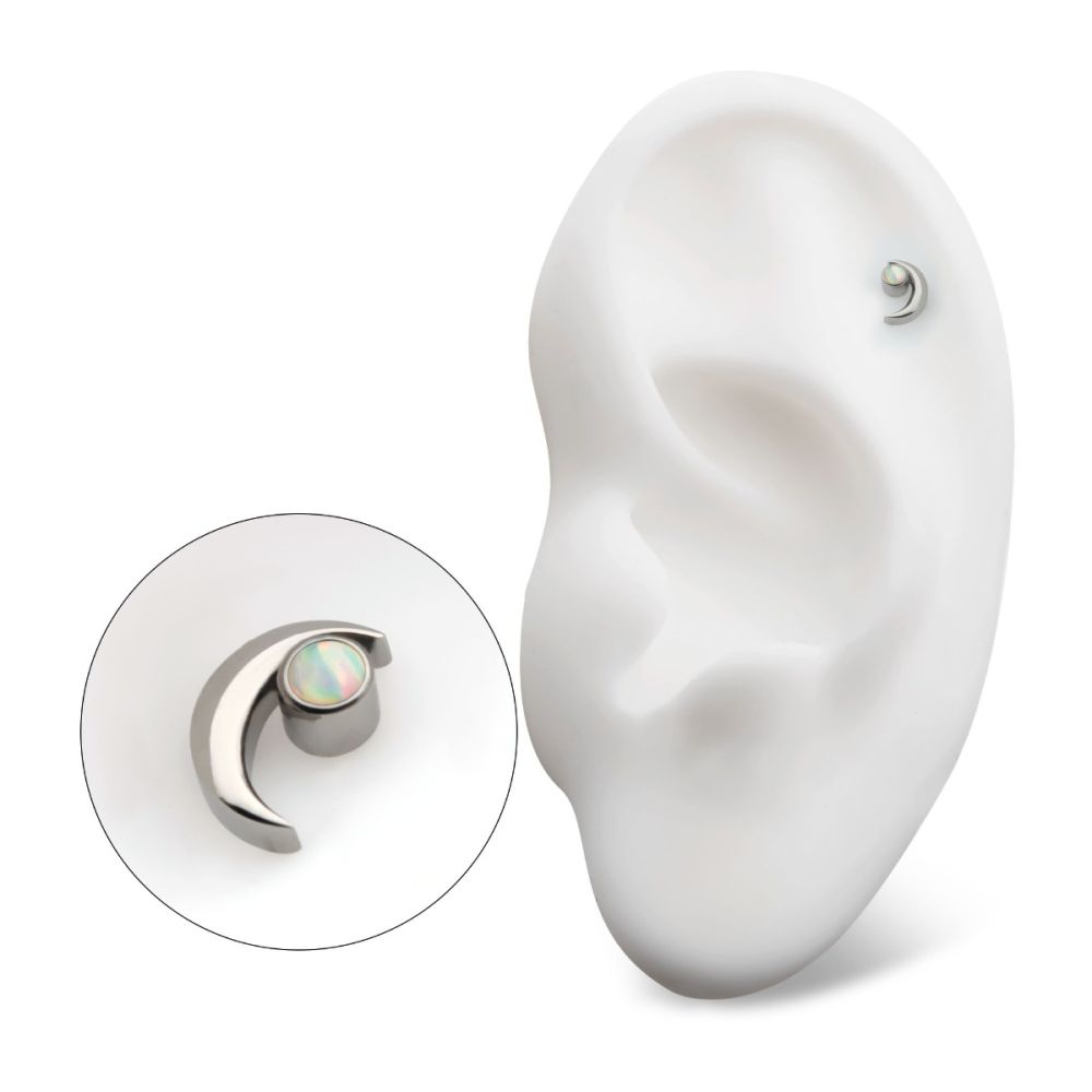 Titanium Threadless Crescent Moon with Bezel Set Opal Top