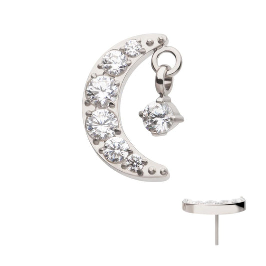Titanium Threadless Crescent Moon CZ Top with Dangle Pronged Round CZ