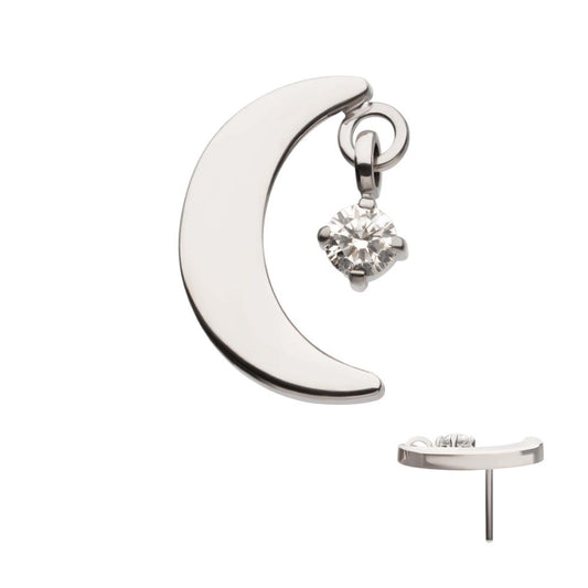 Titanium Threadless Crescent Moon Top with Dangle Pronged Round CZ