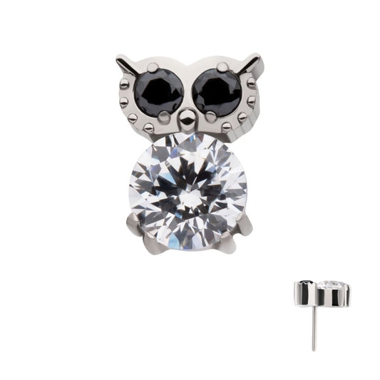 Titanium Threadless Prong Set Round Black & Clear CZ Owl Top