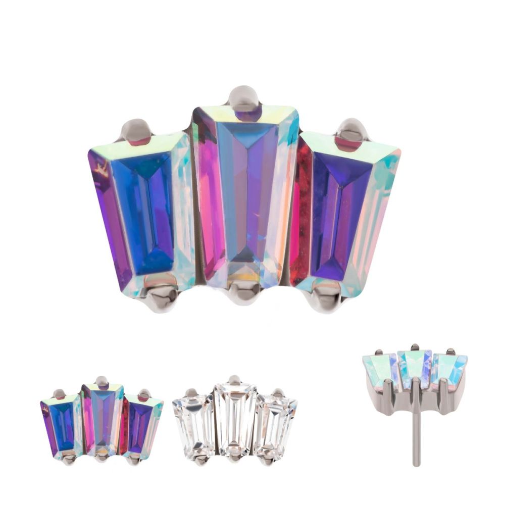 Titanium Threadless Prong Set Baguette CZ 3-Cluster Top