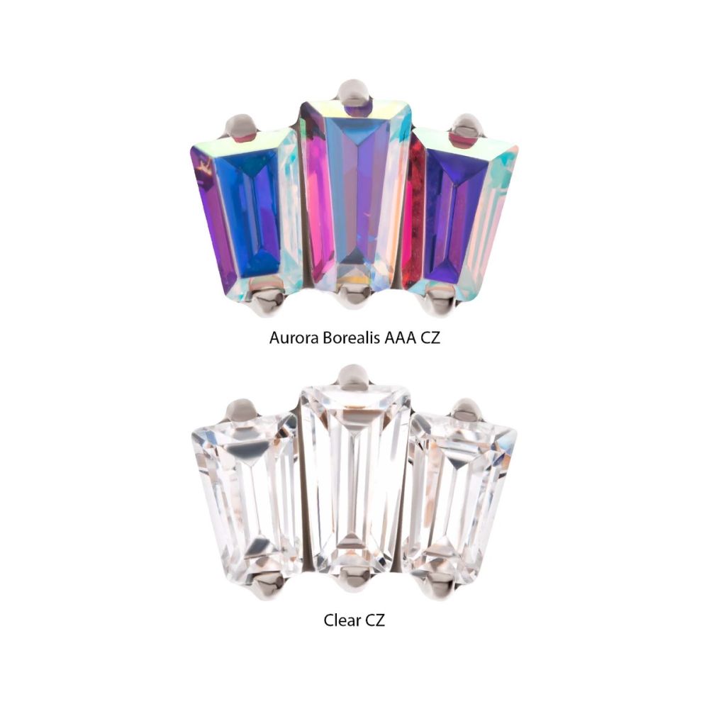 Titanium Threadless Prong Set Baguette CZ 3-Cluster Top