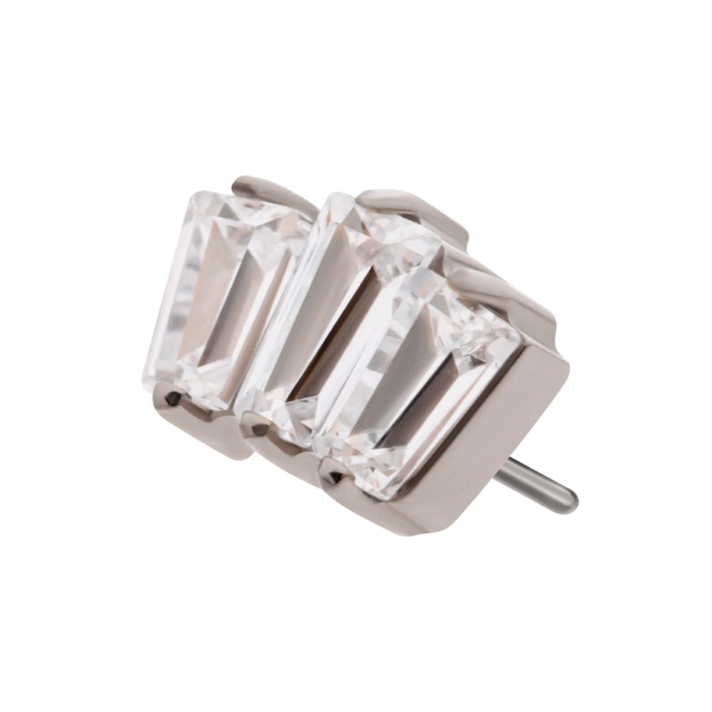 Titanium Threadless Prong Set Baguette CZ 3-Cluster Top