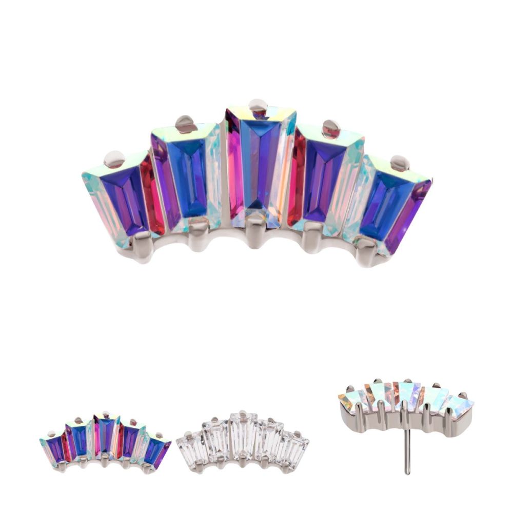 Titanium Threadless Prong Set Baguette CZ 5-Cluster Fan Shape Top