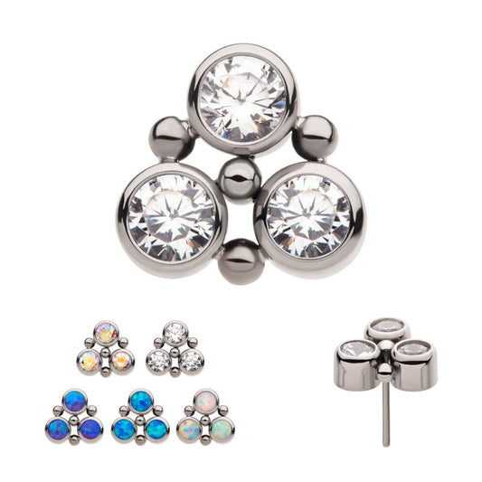 Titanium Threadless 4-Bead Bezel Round CZ/Opal 3-Cluster Top