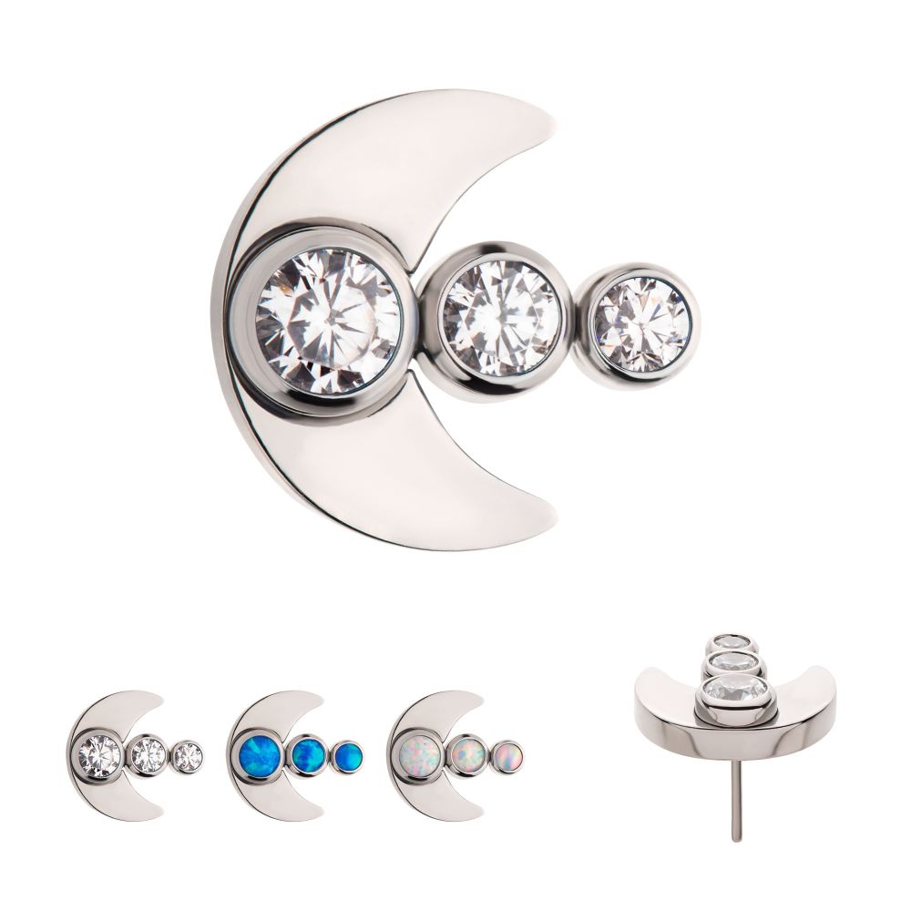 Titanium Threadless 3-Cluster Bezel Set Gem/Opal Crescent Moon Top