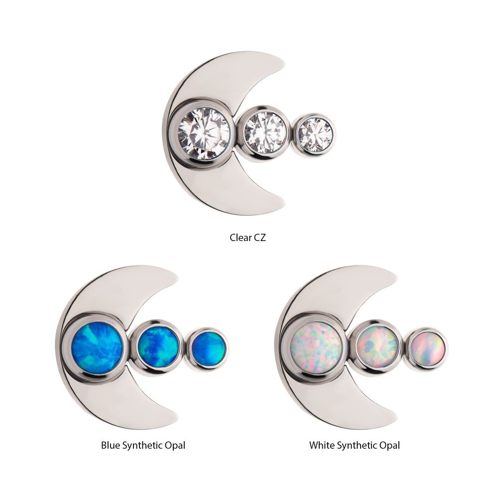 Titanium Threadless 3-Cluster Bezel Set Gem/Opal Crescent Moon Top