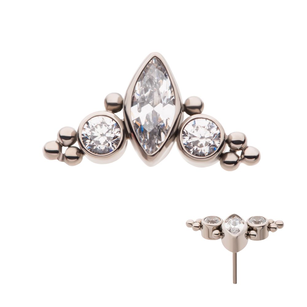 Titanium Threadless Beaded Bezel Set Marquise & Round Gem 3-Cluster Top