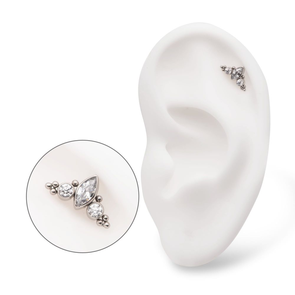 Titanium Threadless Beaded Bezel Set Marquise & Round Gem 3-Cluster Top