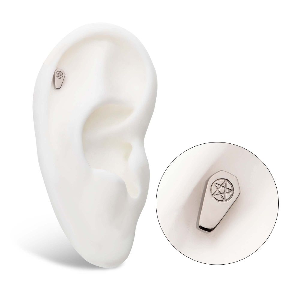 Titanium Threadless Coffin with Engraved Pentagram Top