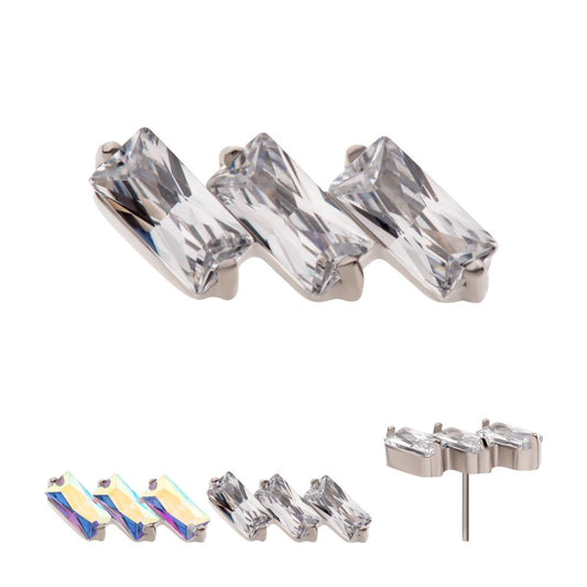 Titanium Threadless Prong Set Baguette CZ Diagonal 3-Cluster Top