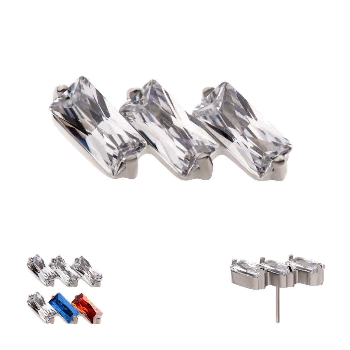 Titanium Threadless Prong Set Baguette CZ Diagonal 3-Cluster Top
