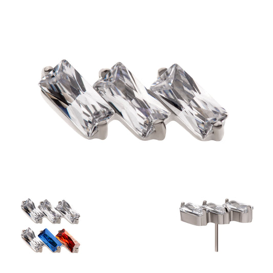 Titanium Threadless Prong Set Baguette CZ Diagonal 3-Cluster Top