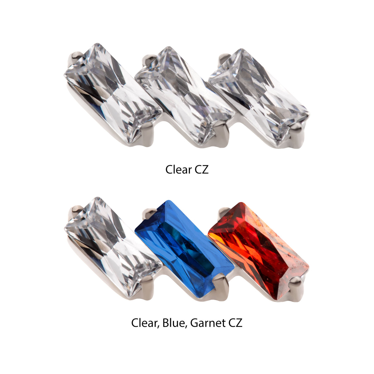 Titanium Threadless Prong Set Baguette CZ Diagonal 3-Cluster Top