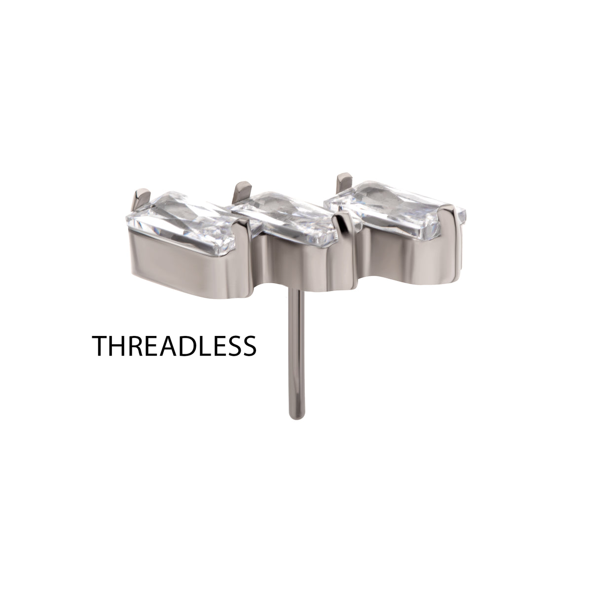 Titanium Threadless Prong Set Baguette CZ Diagonal 3-Cluster Top