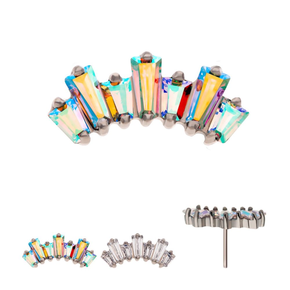 Titanium Threadless Prong Set Baguette CZ 7-Cluster Fan Shape Top
