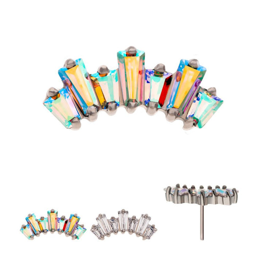 Titanium Threadless Prong Set Baguette CZ 7-Cluster Fan Shape Top