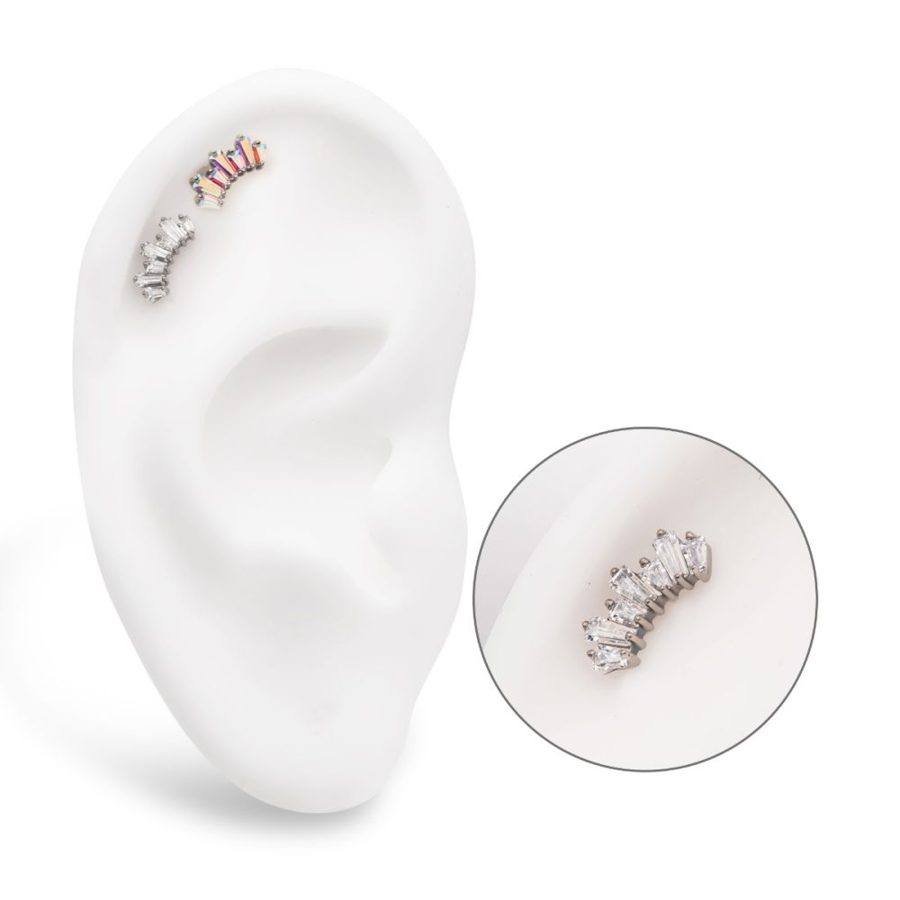 Titanium Threadless Prong Set Baguette CZ 7-Cluster Fan Shape Top