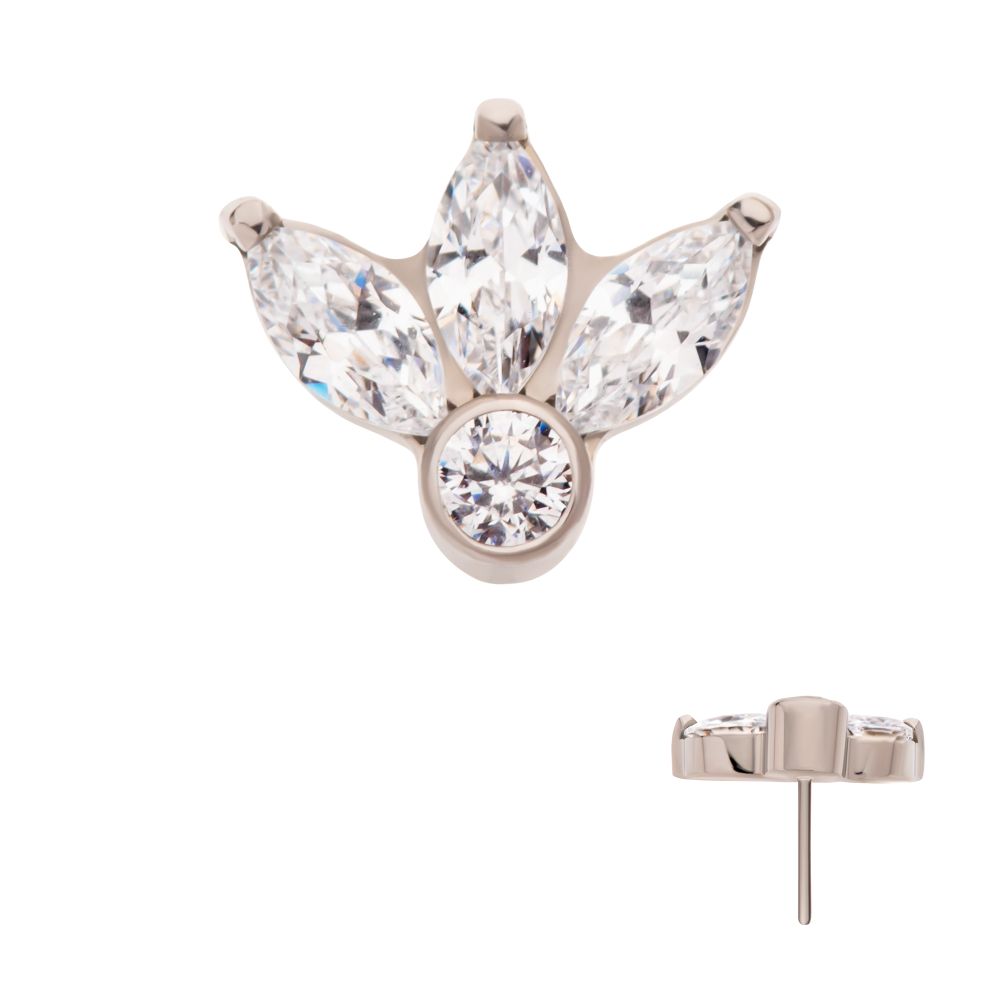 Titanium Threadless Bezel Set Round Gem and 3-Cluster Marquise Gem Fan Top