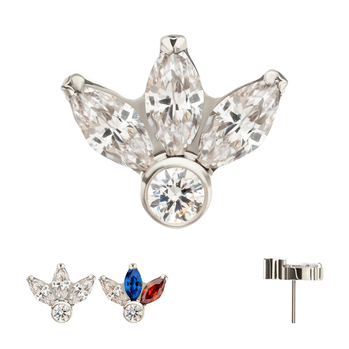Titanium Threadless 3-Cluster Marquise Gem Fan Top with Bezel Round Gem