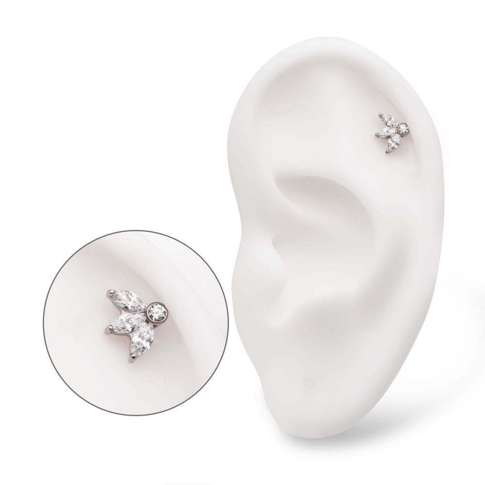 Titanium Threadless Bezel Set Round Gem and 3-Cluster Marquise Gem Fan Top