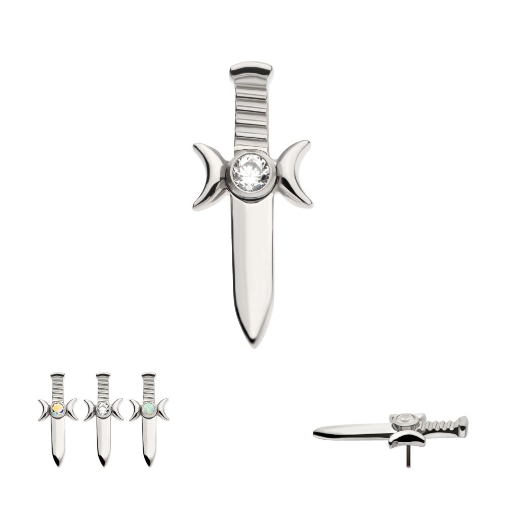 Titanium Threadless with Bezel Set 2mm CZ/Opal Triple Moon Phase Dagger Top
