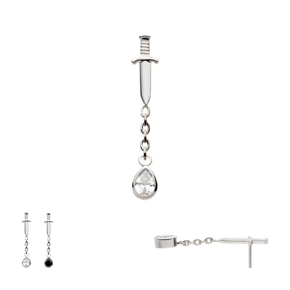 Titanium Threadless Dangle Chain Bezel Teardrop CZ Dagger Top