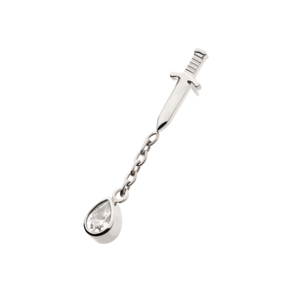 Titanium Threadless Dangle Chain Bezel Teardrop CZ Dagger Top