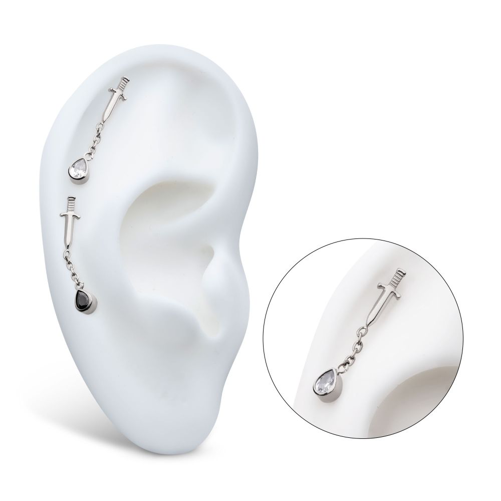Titanium Threadless Dangle Chain Bezel Teardrop CZ Dagger Top