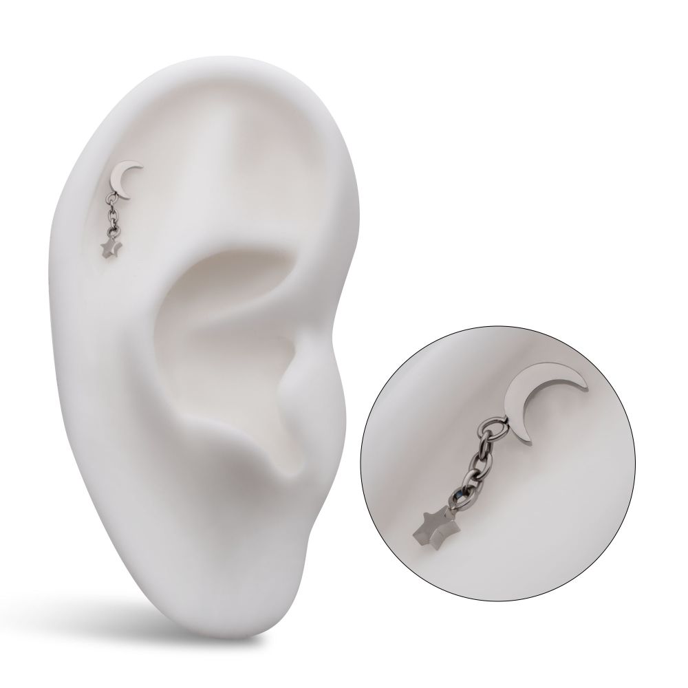 Titanium Threadless Crescent Moon Top with Dangle Star