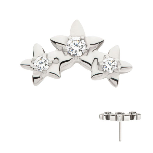 Titanium Threadless Prong Set Round CZ Gem 3-Cluster Star Top