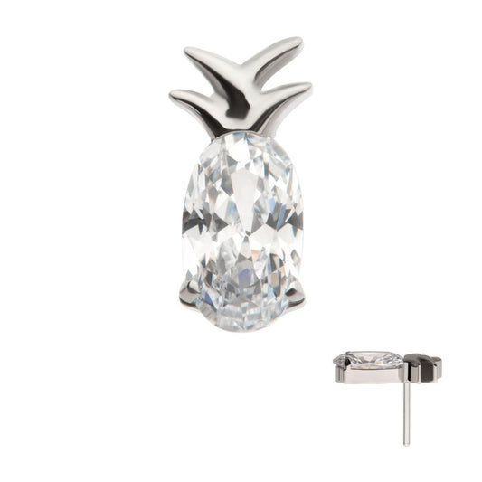 Titanium Threadless Prong Set Oval CZ Gem Pineapple Top