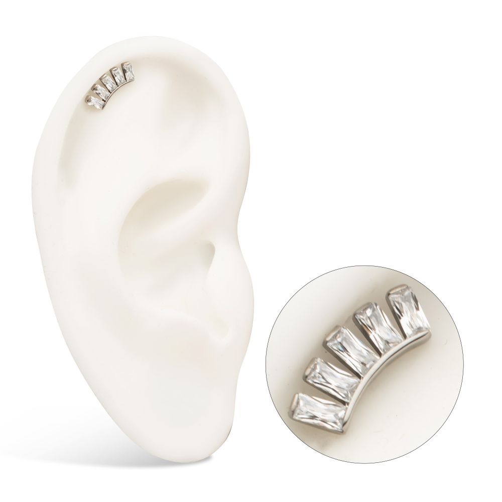 Titanium Threadless 5 Baguette Gem Curved Bar Top