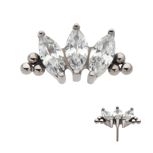 Titanium Threadless with Tri Beads & Prong Set Marquise CZ 3-Cluster Top