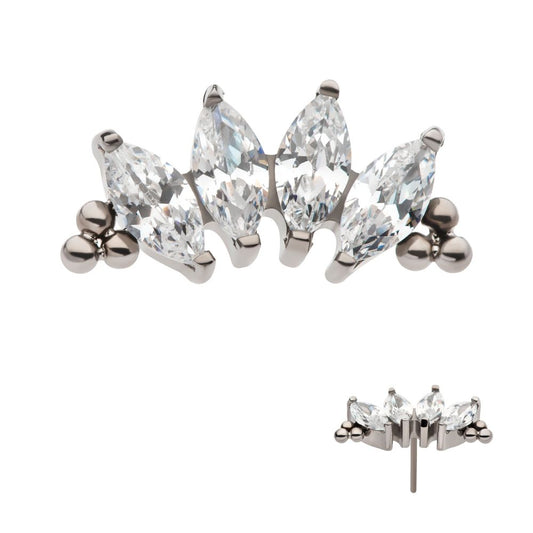 Titanium Threadless with Tri Beads & Prong Set Marquise CZ 4-Cluster Top