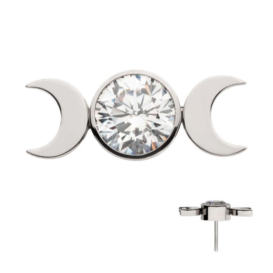 Titanium Threadless Triple Moon Phase Top with Center Bezel Set Clear CZ