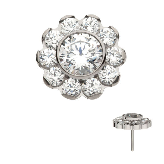 Titanium Threadless Flower Top with 11 Clear CZ