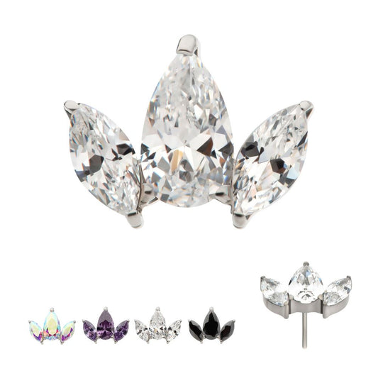 Titanium Threadless 3 Cluster Top with Prong Set Teardrop & Marquise CZ